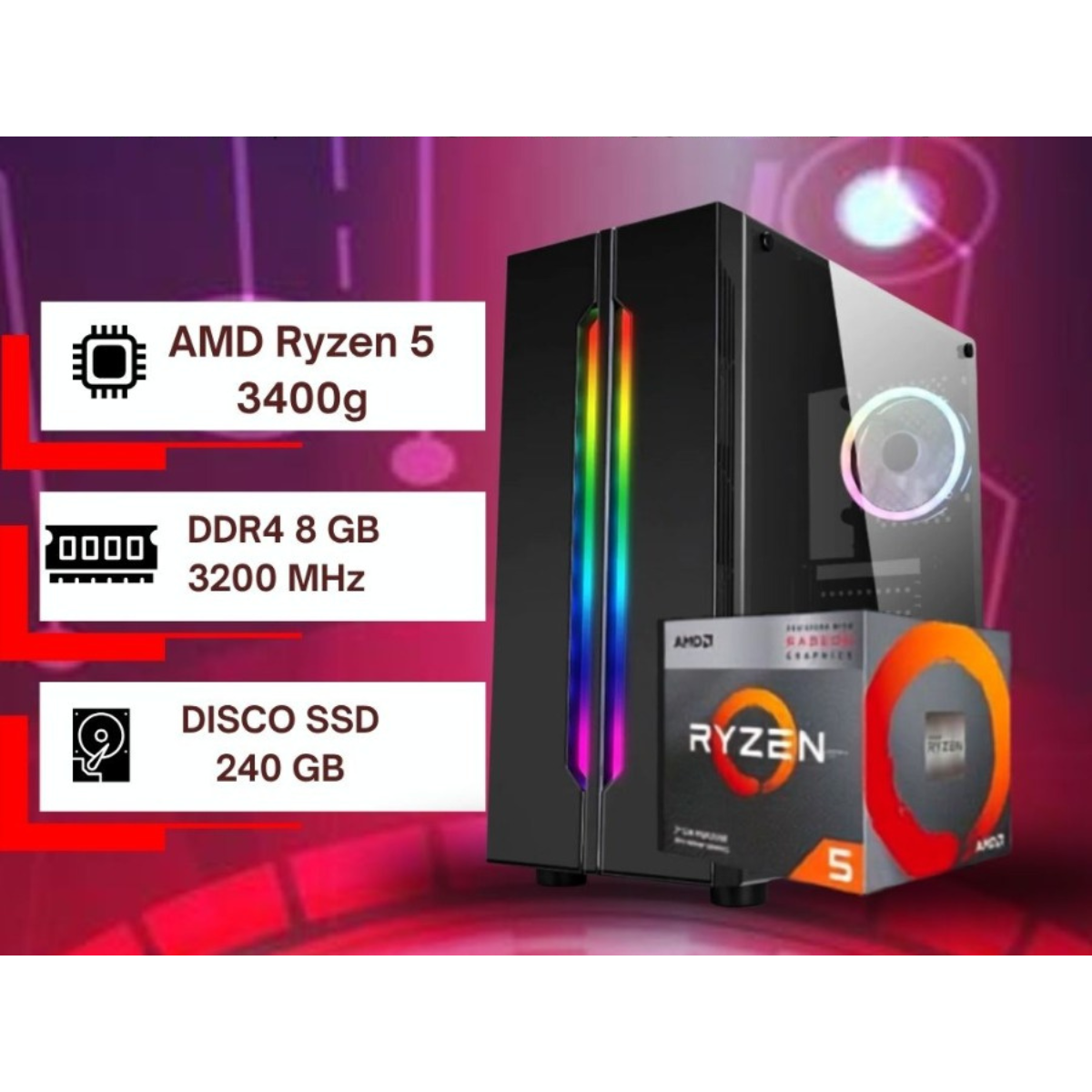 PC Oferta Ryzen 5 3400G + RAM 8GB + A520 + SSD 480GB + 500W + Gabinete